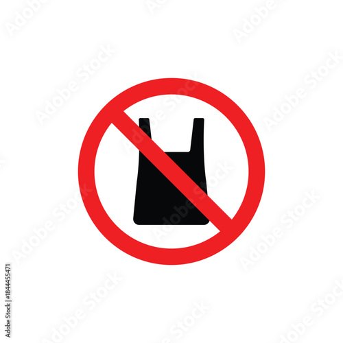 Simple prohibition symbol showing a black plastic bag silhouette crossed by a red circle. Clean and minimal warning icon representing restriction, ban, or environmental regulation for signs and digita