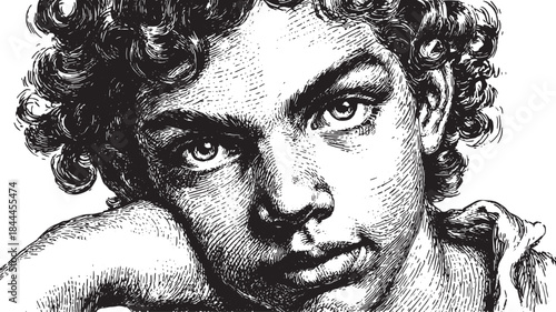 Boy's face with curly hair and detailed expression. Classic black and white vector illustration featuring artistic line work and vintage style.