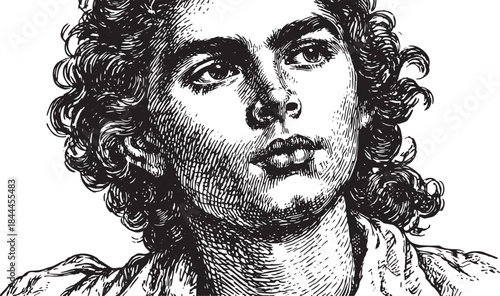 Portrait sketch of a female head in vintage style. Realistic etching illustration in black and white vector format.