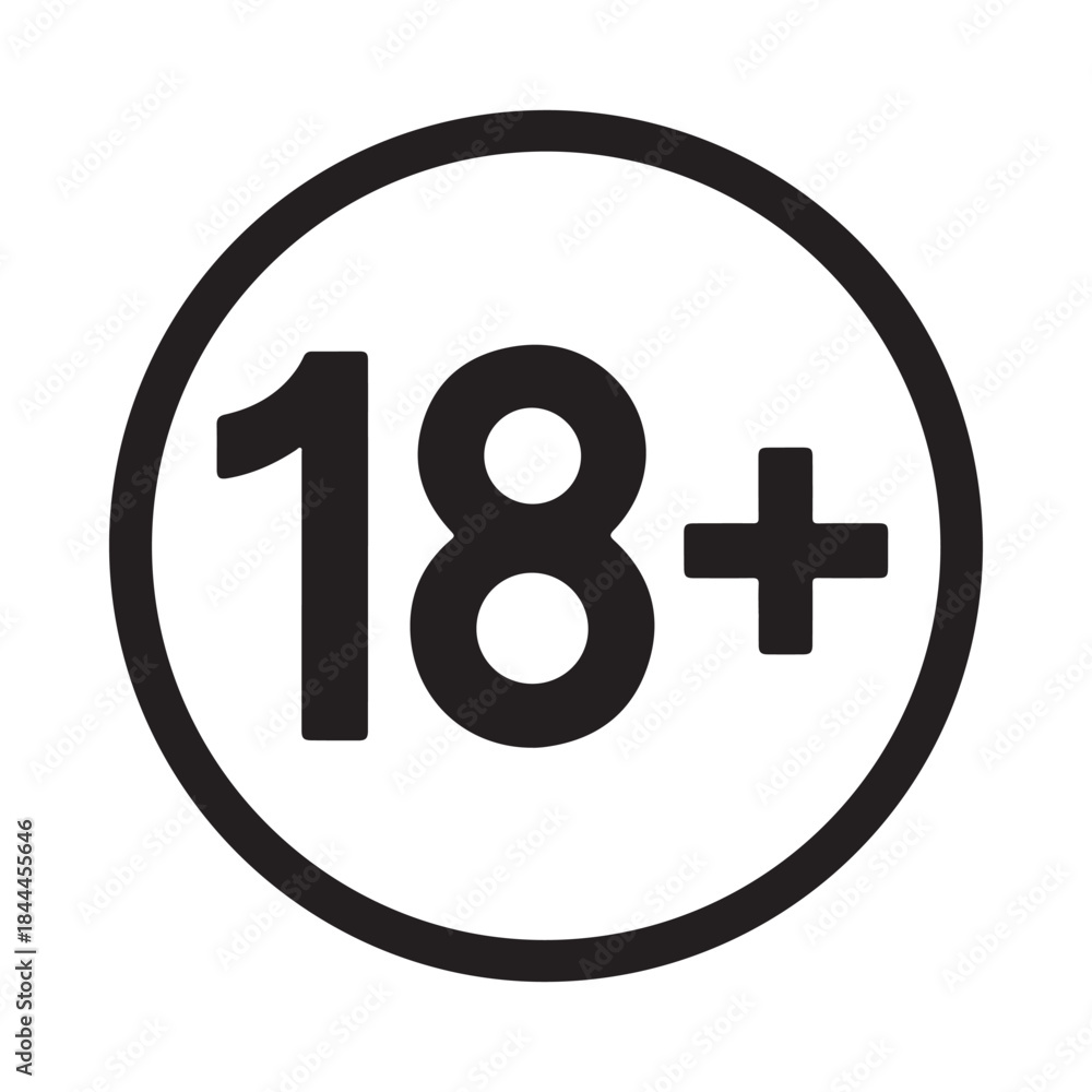 Fototapeta premium Simple black and white graphic depicting an eighteen plus symbol within a circle