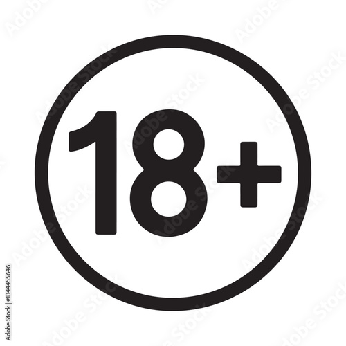 Simple black and white graphic depicting an eighteen plus symbol within a circle