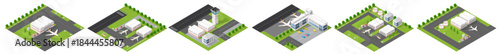 Airport isometric tiles creating aviation infrastructure elements