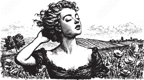 Portrait of a girl in a floral field. This vintage vector illustration captures beauty with emphasis on wind and hair movement.