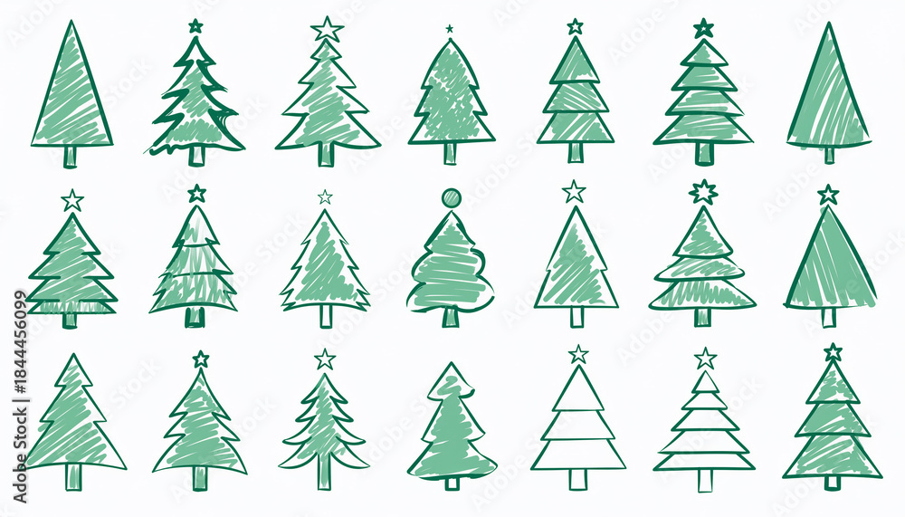 Obraz premium Conjunto de ilustraciones de árboles de Navidad minimalistas, estilo line art, trazos verdes a mano alzada, diseño simple y elegante, árboles abstractos con líneas curvas y espirales.