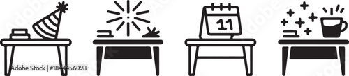 Collection of black and white icons depicting party hat fireworks calendar and coffee cup on tables symbolizing celebrations and events