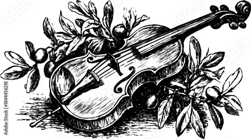 Classical lyre instrument with botanical leaves. A vintage vector illustration showcasing traditional craftsmanship and elegant design.