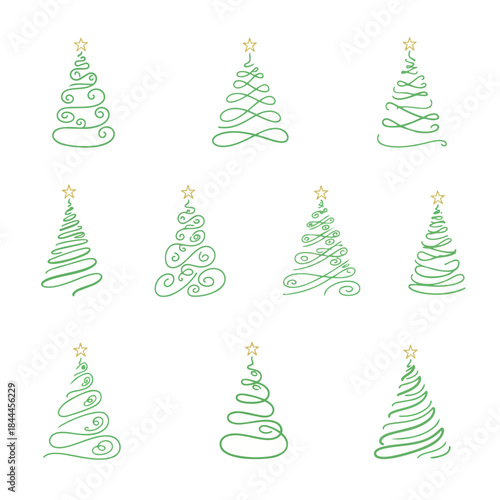 Conjunto de ilustraciones de árboles de Navidad minimalistas, estilo line art, trazos verdes a mano alzada, diseño simple y elegante, árboles abstractos con líneas curvas y espirales.