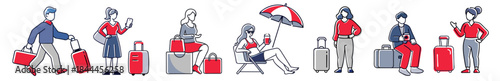 Diverse character representing people traveling with suitcases, backpacks, and luggage, illustrating tourism concepts