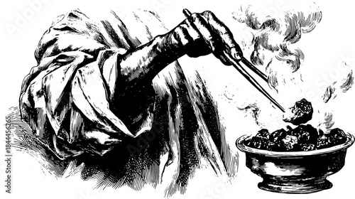Engraving of a hand using chopsticks to serve food from a bowl. A vintage vector illustration showcasing cooking in a traditional kitchen setting.