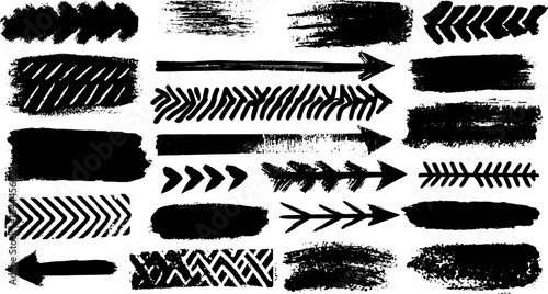 Grunge black brush strokes with arrows and patterns. A versatile set for modern design and vector illustration projects.