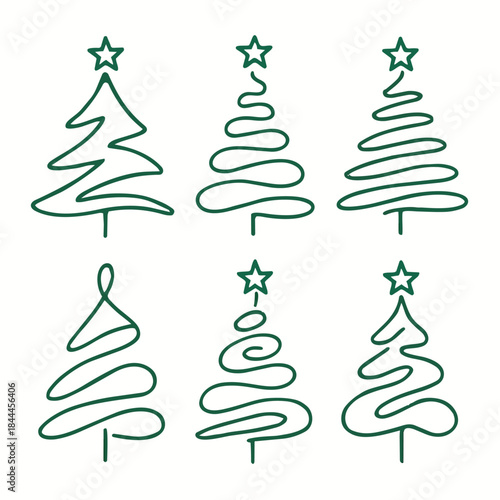 Conjunto de ilustraciones de árboles de Navidad minimalistas, estilo line art, trazos verdes a mano alzada, diseño simple y elegante, árboles abstractos con líneas curvas y espirales.