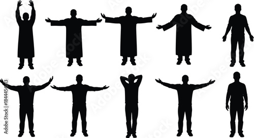 Set of Male Silhouettes in Various Poses: Figures with Open Arms, Hands Raised, and Standing in Robes, Suitable for Religious, Presentation, or Greeting Themes Vector Graphics, Black and White.