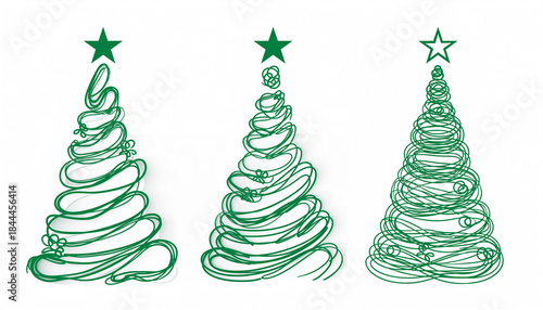 Conjunto de ilustraciones de árboles de Navidad minimalistas, estilo line art, trazos verdes a mano alzada, diseño simple y elegante, árboles abstractos con líneas curvas y espirales.