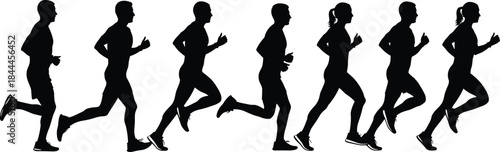 Set of Running Silhouettes for Men and Women: Jogging, Marathon, and Sprinting Figures in Action, Athletes Training for Fitness and Sports Competition Vector Graphics, Black and White.