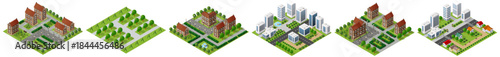 City planning development illustrating the evolution from green field, to residential, and finally to modern urban areas