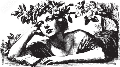 Woman with flower headpiece resting on a book. Vintage black and white vector illustration showcasing elegant details.