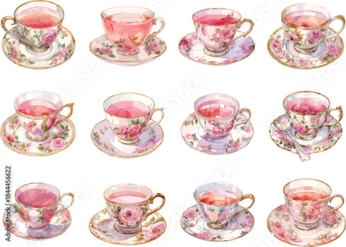 vintage pinkfloral teacup watercolor clipart