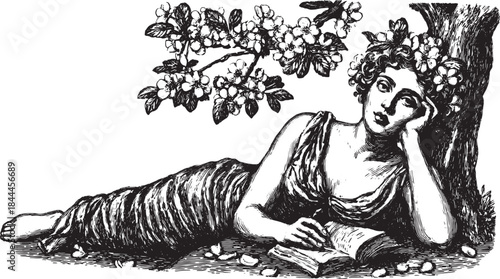 Girl reading a book under a flowering tree. Vintage line illustration depicting a relaxed figure in a natural setting. Vector artwork showcases a tranquil scene.