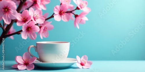 Serene blue backdrop, coffee cup nestled amongst delicate pink cherry blossoms , morning, korean, spring