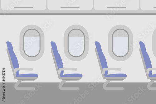 Side view of the Interior of an airplane cabin with rows of seats and flat-style portholes.