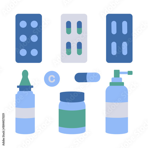 A set of flat icons related to medicine, tablets, capsules, sprays on a white background.