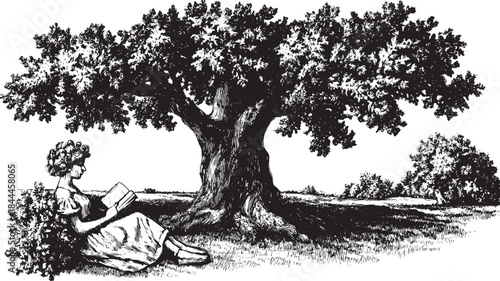 A girl sitting under a tree reading a book. Vintage black and white vector illustration showcasing detailed line art in nature.