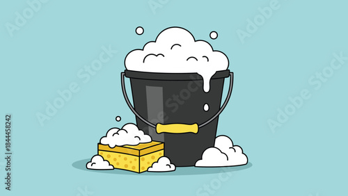 Black Bucket Full of Soapy Water and Sponge for Cleaning