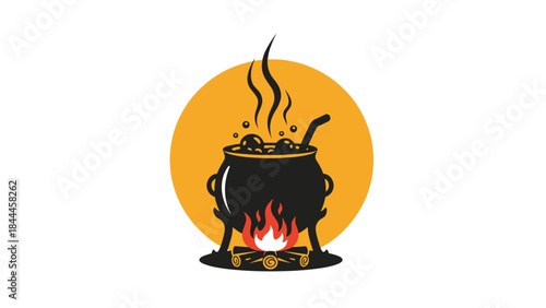 Halloween Witch Cauldron Brewing Potion with Fire Silhouetted