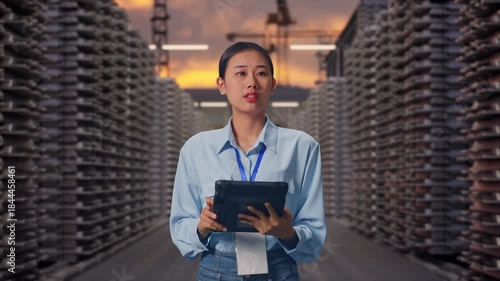 Wallpaper Mural Asian Female With Her Tablet at Aluminum Ingots Industrial Warehouse, She Observes By Looking Around Before She Come To Concentrating With Her Tablet Torontodigital.ca