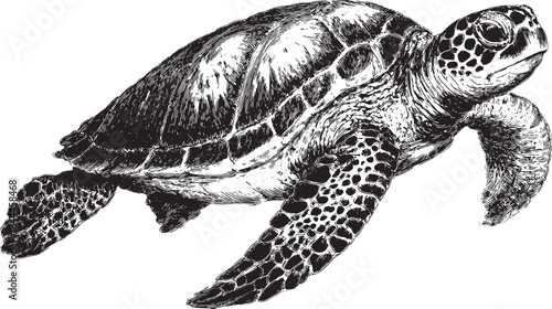 Turtle illustration in vintage black and white style. Detailed vector graphic of an ocean reptile set in a natural environment.