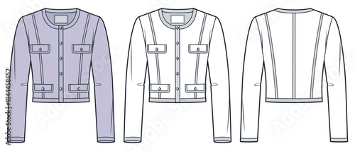 Women Cropped Jacket Technical Fashion Illustration. Button Down Jacket fashion flat technical drawing template, fitted, pockets, front and back view, white, lilac, women CAD mockup set.