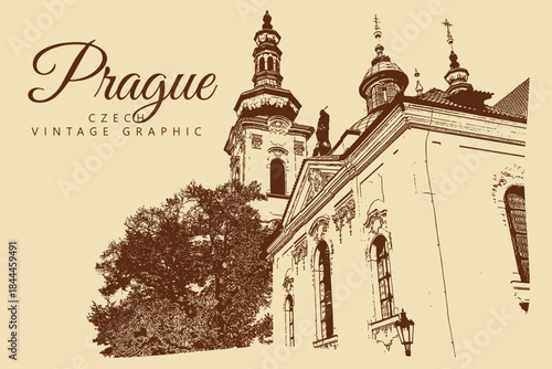City ancient architecture, Prague, Czech Republic. Vintage brown and beige graphics, engraved, vector. Old retro design.
