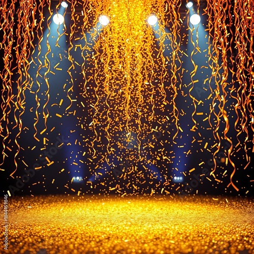 Golden confetti raining down on a sparkling stage,  luxury,  celebration