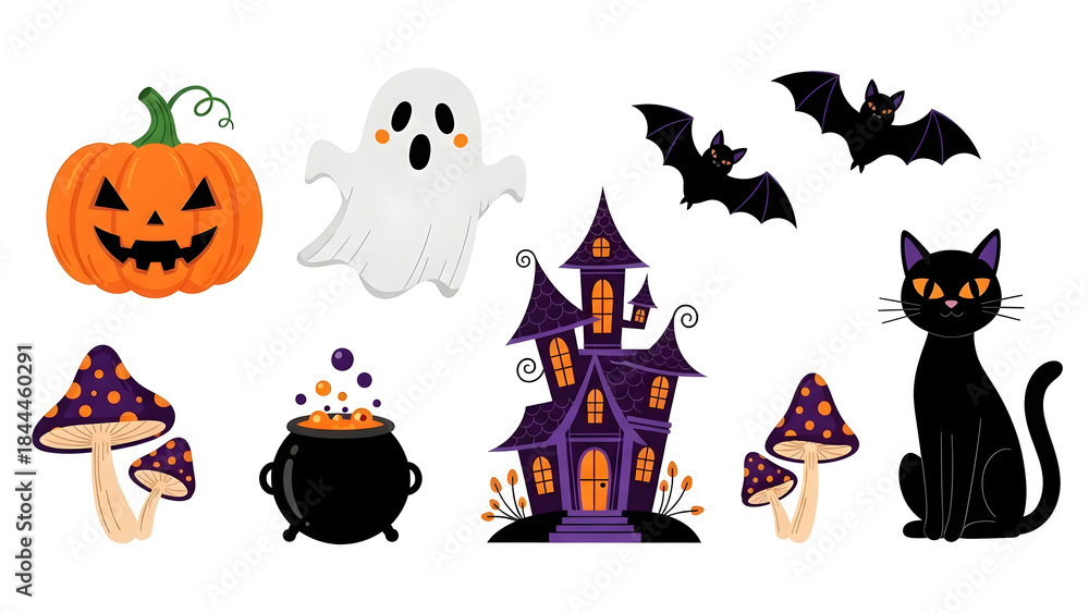 Obraz premium Adorable flat vector illustration set of Halloween icons including pumpkins, ghost, black cat, haunted house, bats, cauldron, and mushrooms in vibrant orange, purple, and black colors for festive seas