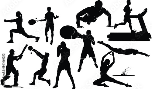 This vector collection features dynamic sports silhouettes showcasing athletes in action across various sports activities