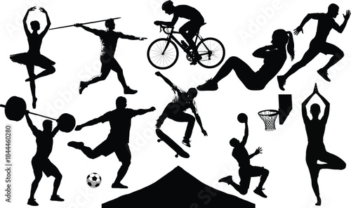 This vector collection features dynamic sports silhouettes showcasing athletes in action across various sports activities