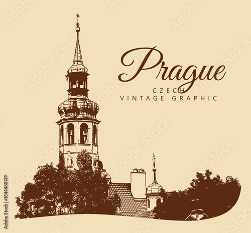 City ancient architecture, Prague, Czech Republic. Vintage brown and beige graphics, engraved, vector. Old retro design.