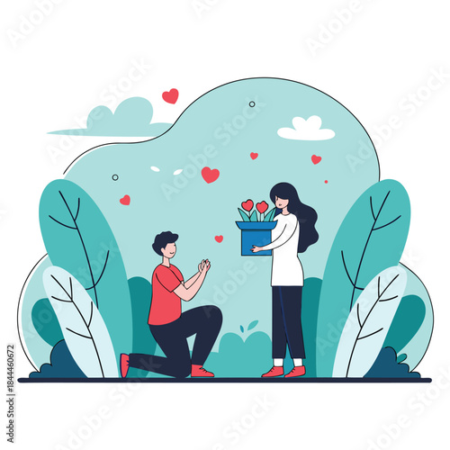 Romantic vector illustration of a man kneeling down to propose to his girlfriend with a ring in a park setting.