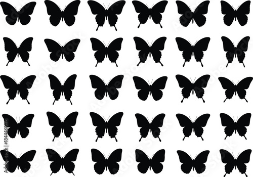 Butterfly silhouettes set against a stark white background in a grid pattern