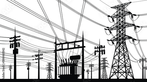 Electric power grid silhouette with transmission towers substations lines, high voltage energy infrastructure illustration vector