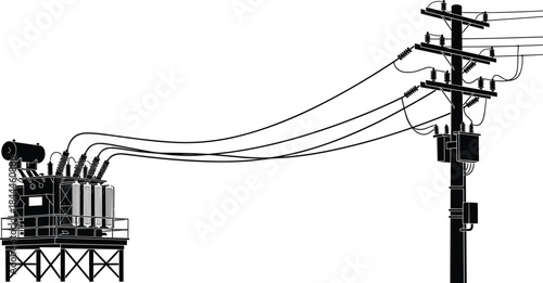 Electric transformer connected to utility pole with power lines, high voltage energy transmission silhouette illustration