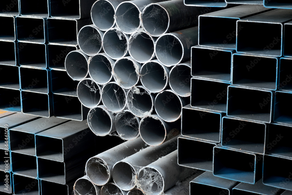 Naklejka premium Close-up of stacked steel pipes and square hollow section profiles with visible cobwebs inside an industrial metal warehouse