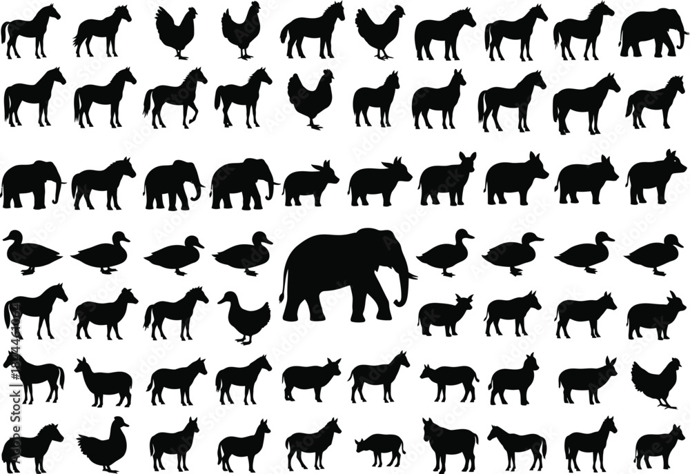 Fototapeta premium Black silhouettes of diverse animals, including farm animals, mammals, and birds on white background