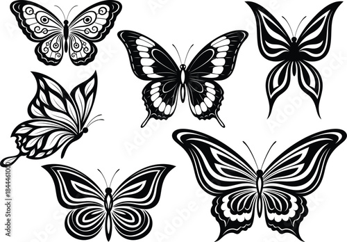 A beautiful collection of stylized black and white butterfly illustrations and design elements