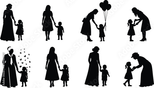Mother and child silhouettes showing love care moments, family bonding illustration, parenting concept isolated vector