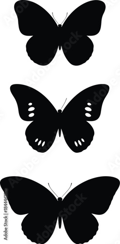 Black and white minimalist illustration of three butterfly silhouettes stacked vertically