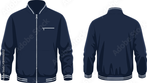Men bomber jacket front and back view, navy blue casual outerwear illustration design vector mockup