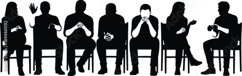 Human silhouettes sitting on chairs expressing emotions during group discussion, interview, therapy concept, illustration, isolation