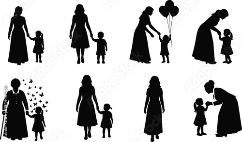 Mother and child silhouettes moments set, family love parenting concept, caring women kids illustration, black figures