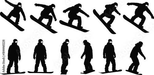 Snowboarder silhouettes performing jump trick sequence, snowboarding action poses, winter extreme sport illustration, black figures
